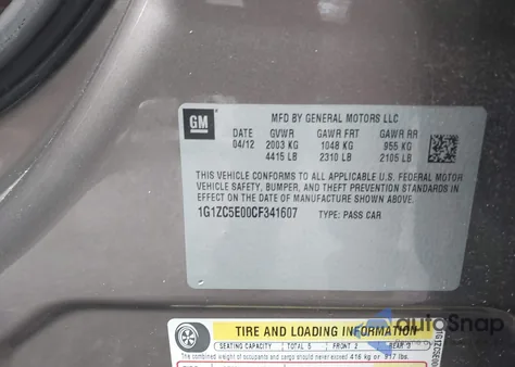 2012 Chevrolet Malibu 1Lt z USA, uszkodzony, nr VIN 1G1ZC5E00CF341607